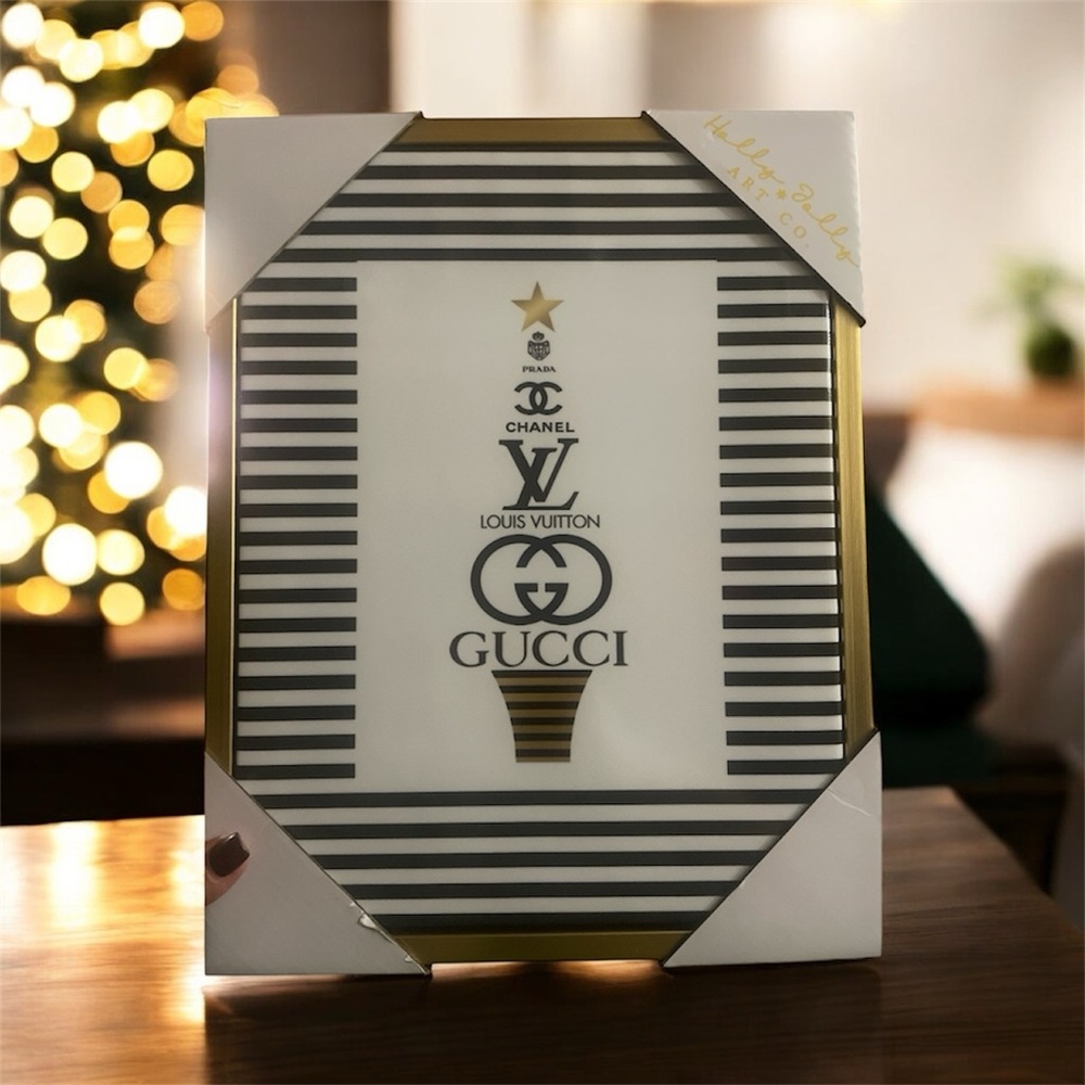 Designer Logos Christmas Tree Art in Gold Frame, NWT, 11” x 14”